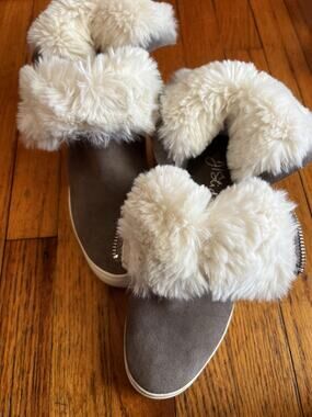 J/Slides NYC Boots Womens Size 8 Gray Suede Faux Fur Lined Ankle Booties Zip